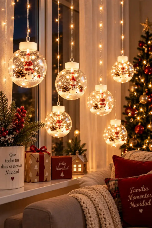 CORTINA CON LUCES DE ESFERAS NAVIDEÑAS