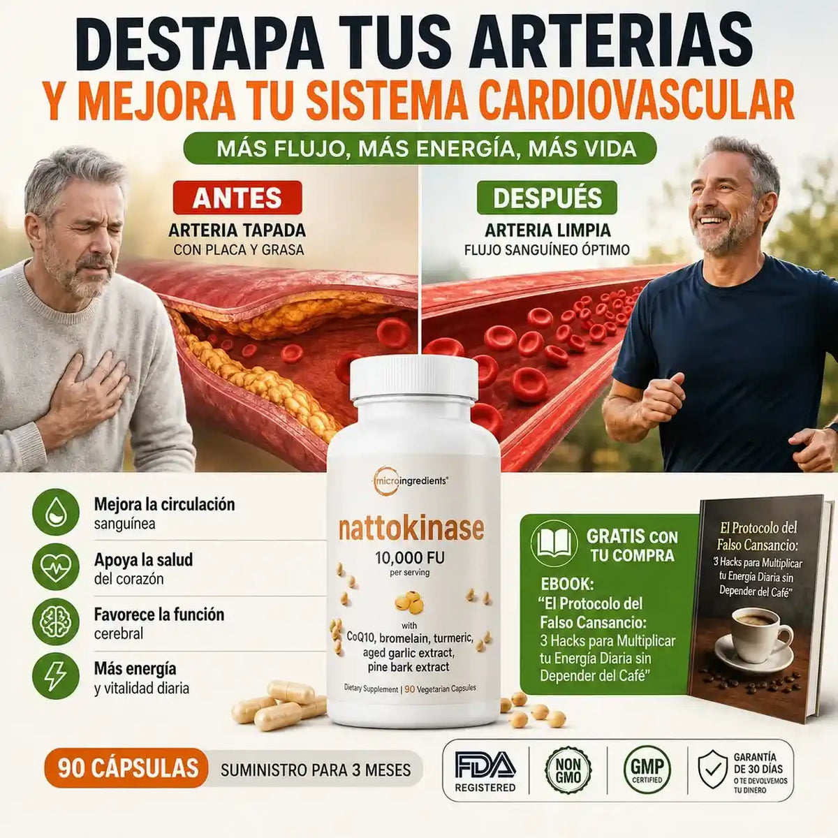 Fórmula avanzada de Nattokinase disuelve obstrucciones y limpia tus arterias + Guia GRATIS "El Protocolo del Falso Cansancio